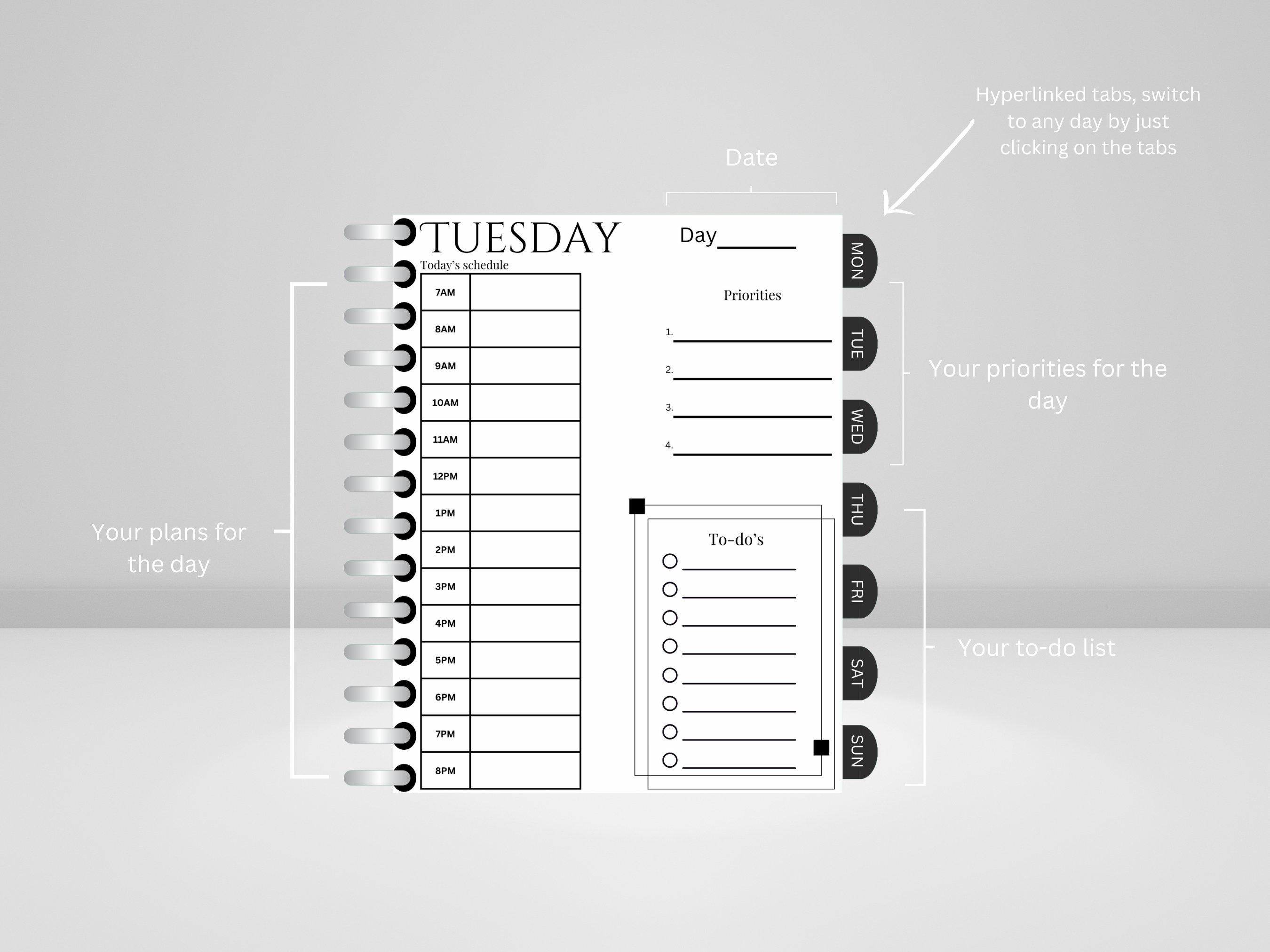 Digital Daily Planner - with Hyperlinked tabs, Grey - Image 4